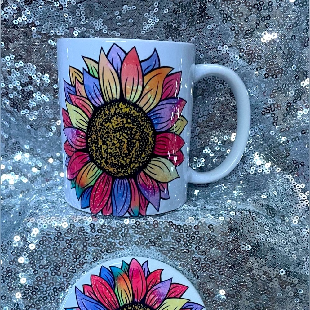 Colorful sunflower mug with matching coaster.